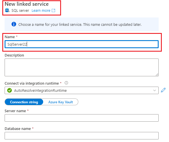 Capture d’écran montrant où entrer les noms du serveur et de la base de données à connecter.