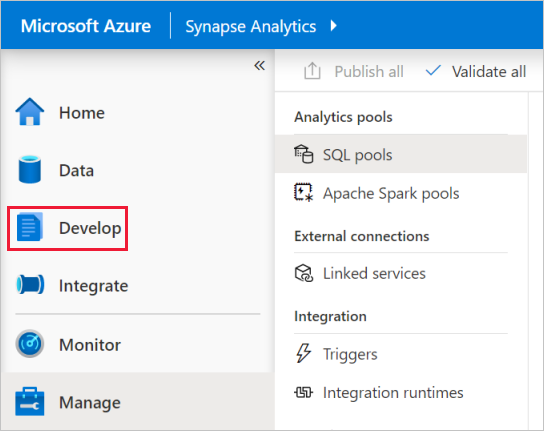 Dans Synapse Studio, cliquez sur Développer.