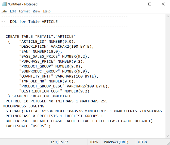 Capture d’écran montrant l’option de menu DDL rapide dans Oracle SQL Developer.