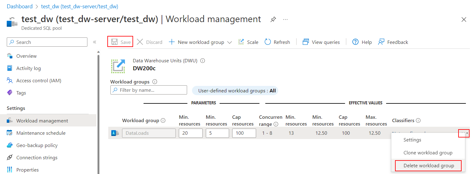 Capture d’écran du portail Azure, page de gestion de charge de travail pour un pool SQL dédié. Supprimer le groupe de charge de travail sélectionné.