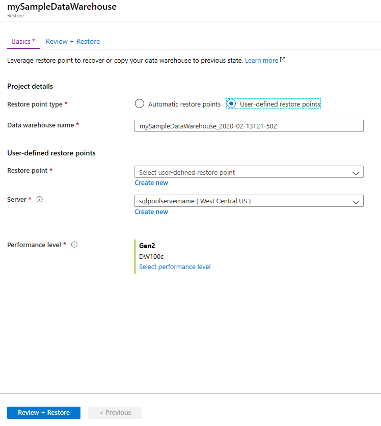 Capture d’écran de la page Restaurer du pool SQL dédié sur le Portail Azure. Pour le type de point de restauration, la case d’option pour les points de restauration définis par l’utilisateur est sélectionnée.