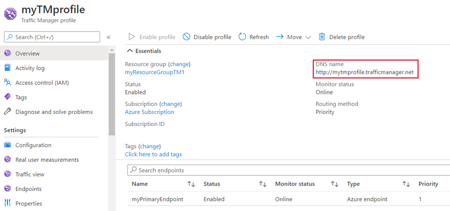 Capture d’écran de l’emplacement du nom DNS de votre profil Traffic Manager.