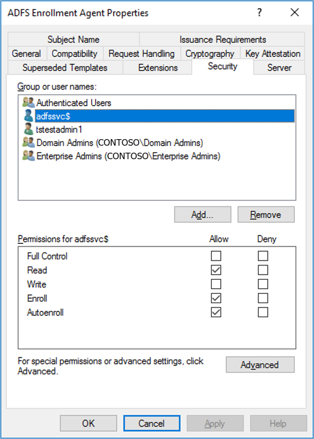 Capture d’écran montrant l’onglet Sécurité du modèle de certificat Agent d’inscription une fois qu’il est correctement configuré.