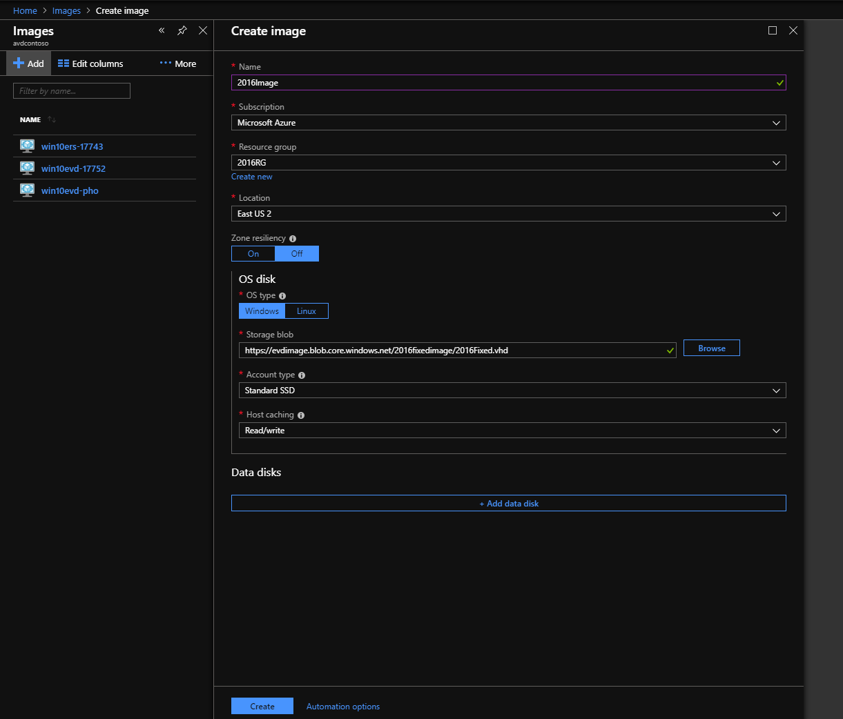 Capture d’écran de la page Créer une image du portail Azure, comportant des exemples de valeurs pour l’image.