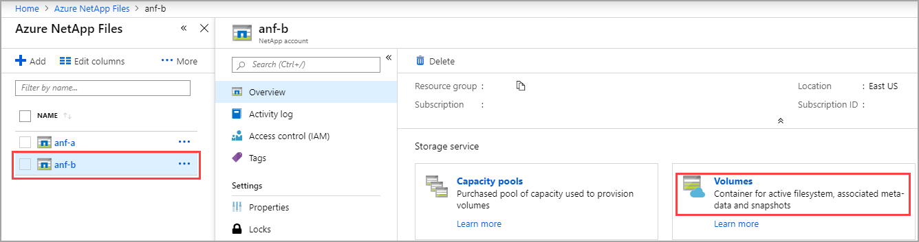 Capture d’écran du compte NetApp que vous avez précédemment configuré sur le portail Azure avec le bouton Volumes sélectionné.