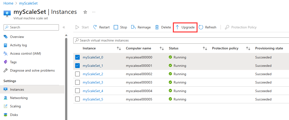 Capture d’écran montrant comment effectuer des mises à niveau manuelles en utilisant le Portail Azure.