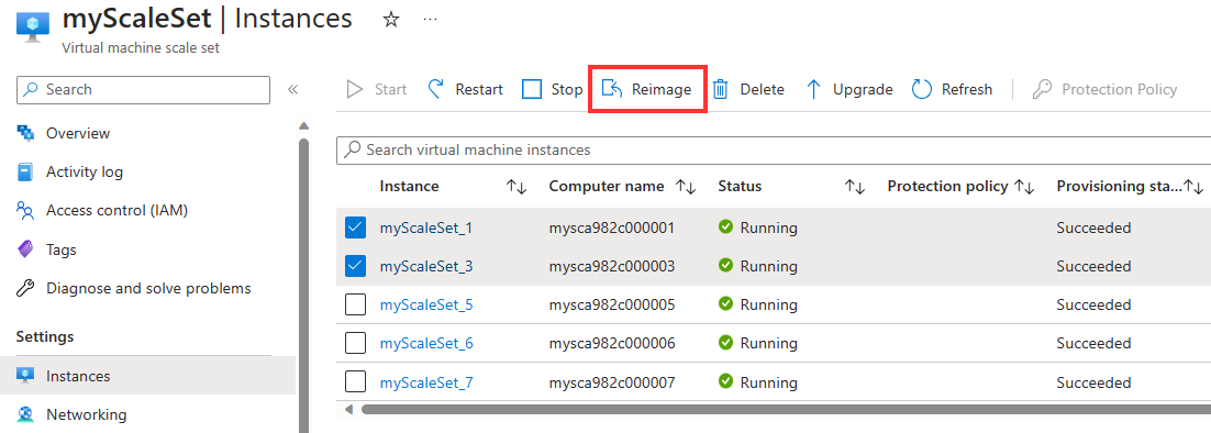 Capture d’écran montrant la réinitialisation d’instances de groupes identiques en tirant parti du Portail Azure.