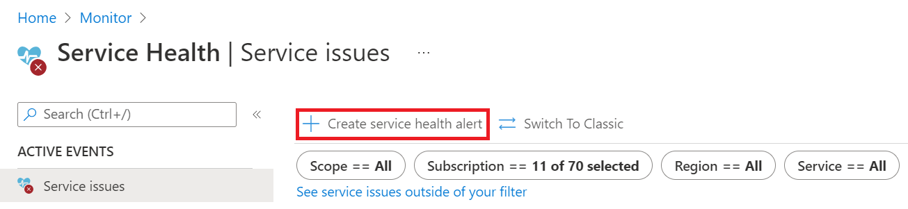 Sélectionnez le bouton Créer une alerte d’intégrité du service.