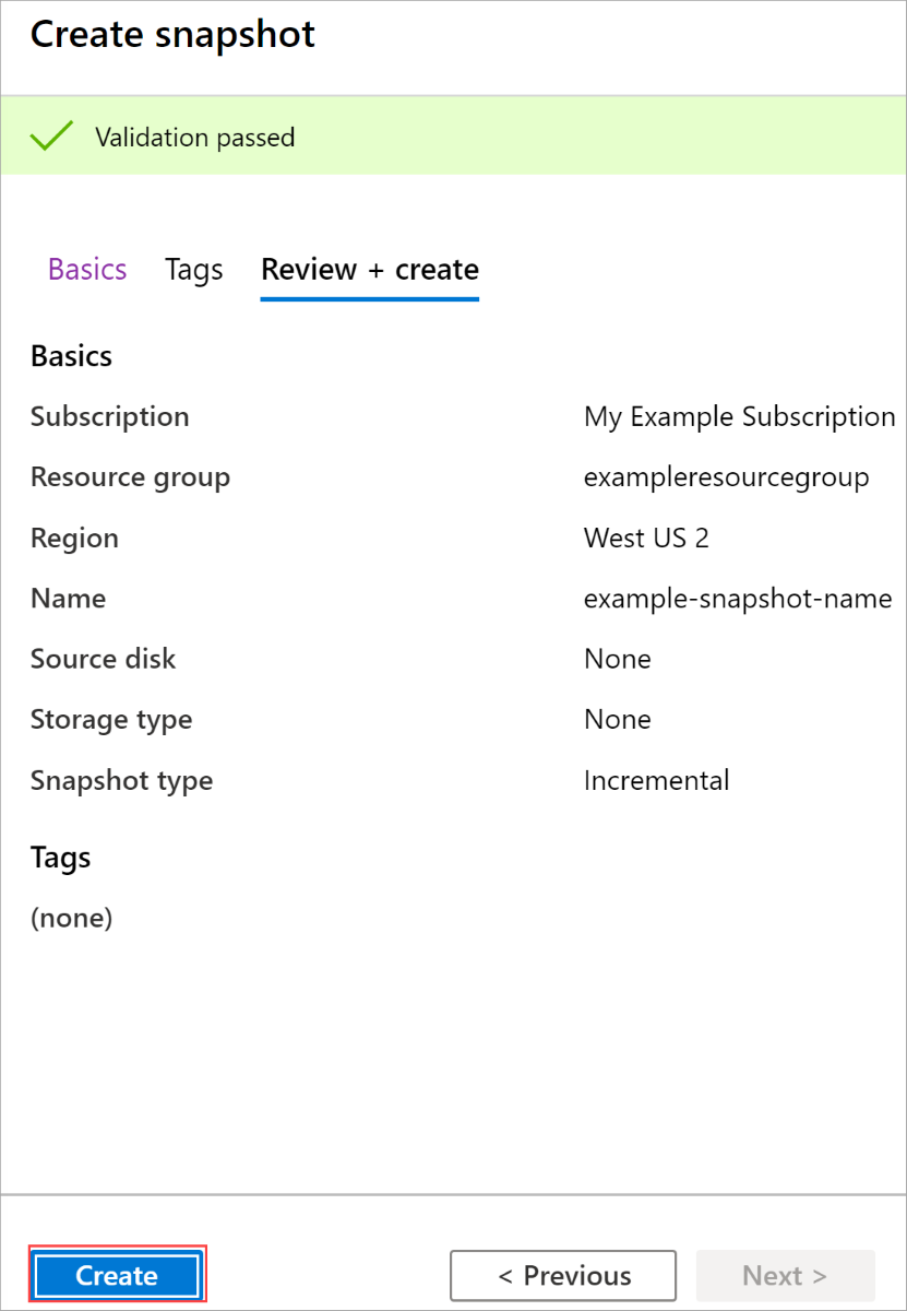 Capture d’écran. Page de validation de votre instantané, confirmez vos sélections, puis créez l’instantané.