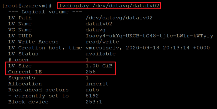 Capture d’écran montrant le code qui vérifie la taille du volume logique, avec mise en évidence de la commande et du résultat.