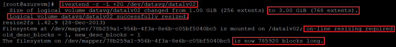 Capture d’écran montrant le code qui augmente la taille du volume logique, avec mise en évidence de la commande et du résultat.