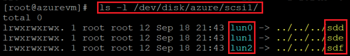 Capture d’écran montrant le code qui vérifie la liste de disques actuelle, avec mise en évidence de la commande et du résultat.