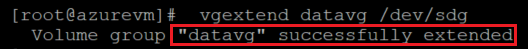 Capture d’écran montrant le code qui étend le groupe de volumes, avec mise en évidence du résultat.