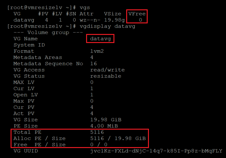 Capture d’écran montrant le code qui vérifie les informations du groupe de volumes, avec mise en évidence des résultats.