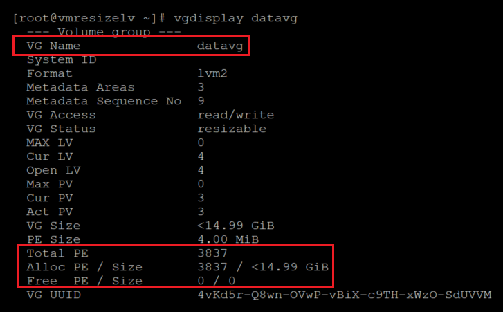 Capture d’écran montrant le code qui vérifie la taille du groupe de volumes, avec mise en évidence des résultats.