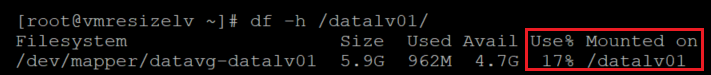 Capture d’écran montrant le code qui vérifie la nouvelle taille du système de fichiers, avec mise en évidence du résultat.