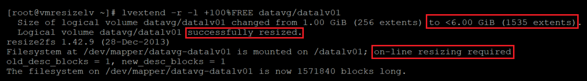 Capture d’écran montrant le code qui augmente la taille du volume local et du système de fichiers, avec mise en évidence des résultats.