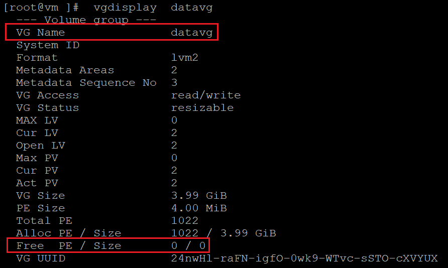 Capture d’écran montrant le code qui vérifie les informations des groupes de volumes, avec mise en évidence des résultats.