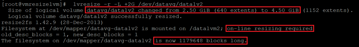 Capture d’écran montrant le code qui redimensionne le volume local, avec mise en évidence des résultats.