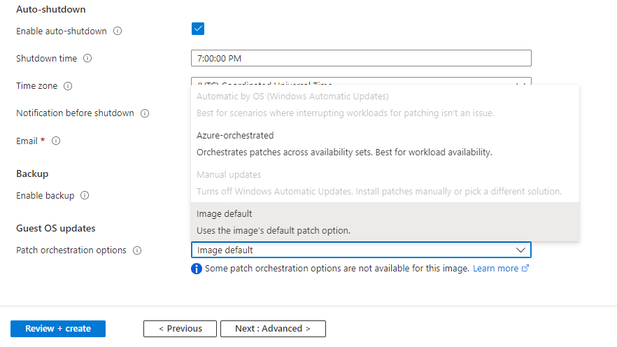 Affiche l'onglet de gestion dans le portail Azure utilisé pour activer les modes d'orchestration des correctifs.