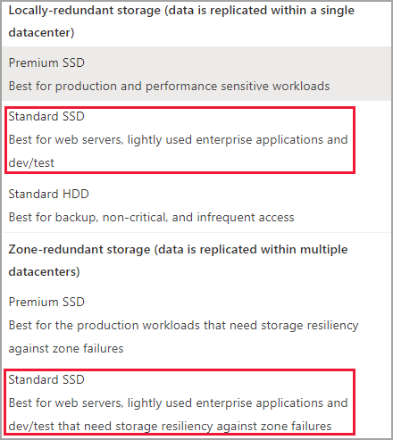 Capture d’écran de la référence SKU du disque, des LRS SSD standard et des références SKU ZRS mis en surbrillance.