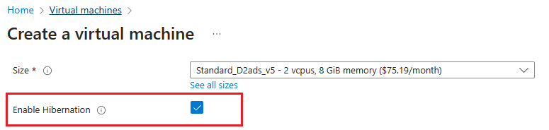 Capture d’écran de la case à cocher dans le portail Azure permettant d’activer la mise en veille prolongée lors de la création d’une machine virtuelle Linux.