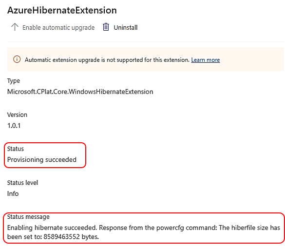 Capture d'écran du rapport d'état et de message d'état sur lequel l'approvisionnement a réussi pour une machine virtuelle Windows.