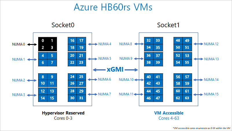 Répartition des cœurs réservés pour l’hyperviseur Azure et la machine virtuelle série HB