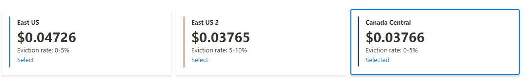 Capture d’écran des options de région avec la différence de tarification et les taux d’éviction.