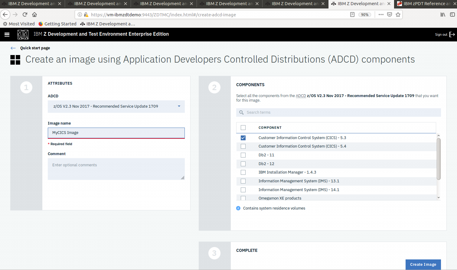 IBM zD&T Enterprise Edition - Écran de création d’une image à l’aide de composants d’ADCD