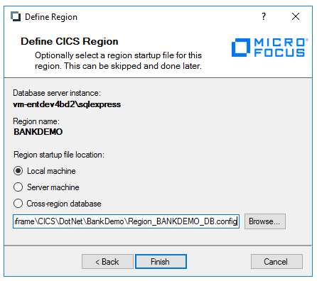 Define Region - Region name (Définir la région - Nom de la région) : BANKDEMO