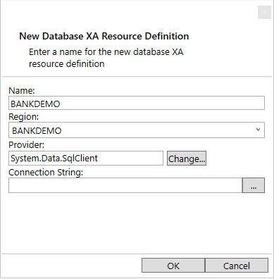 Écran de définition d’une ressource de base de données XA