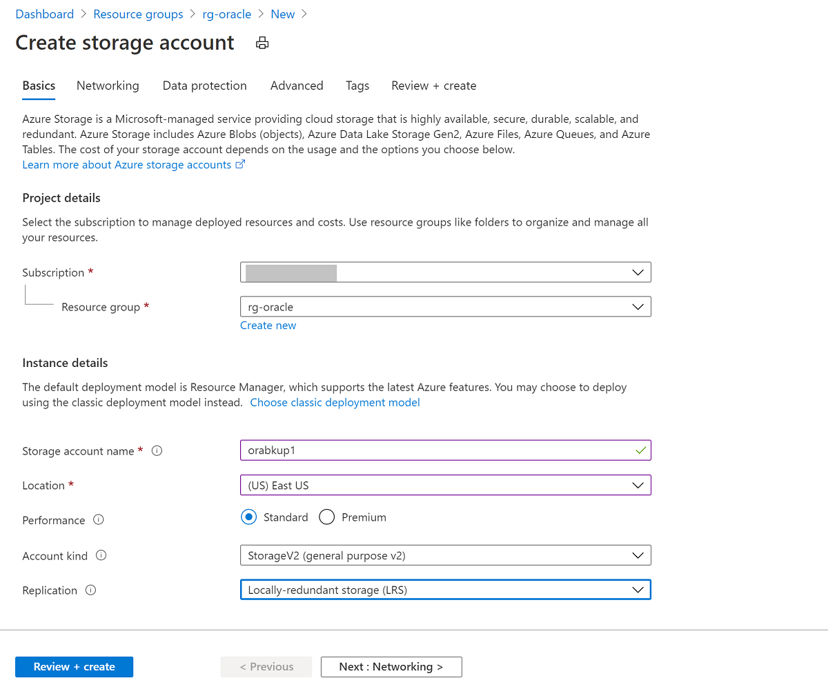 Capture d’écran représentant les informations de base pour la création d’un compte de stockage.