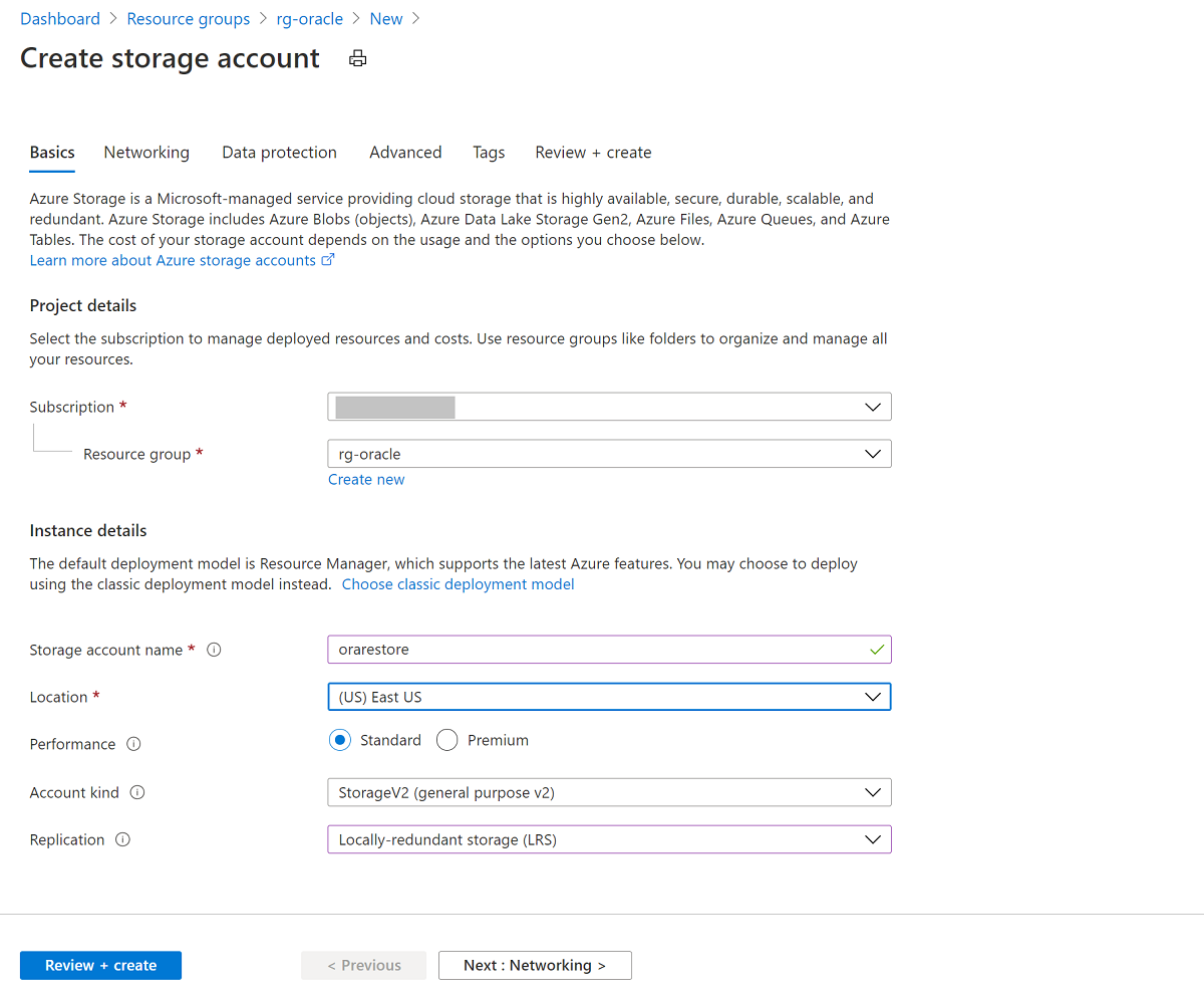 Capture d’écran représentant les informations de base pour la création d’un compte de stockage.