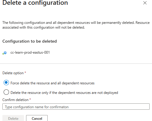 Capture d’écran du volet de suppression d’une configuration.