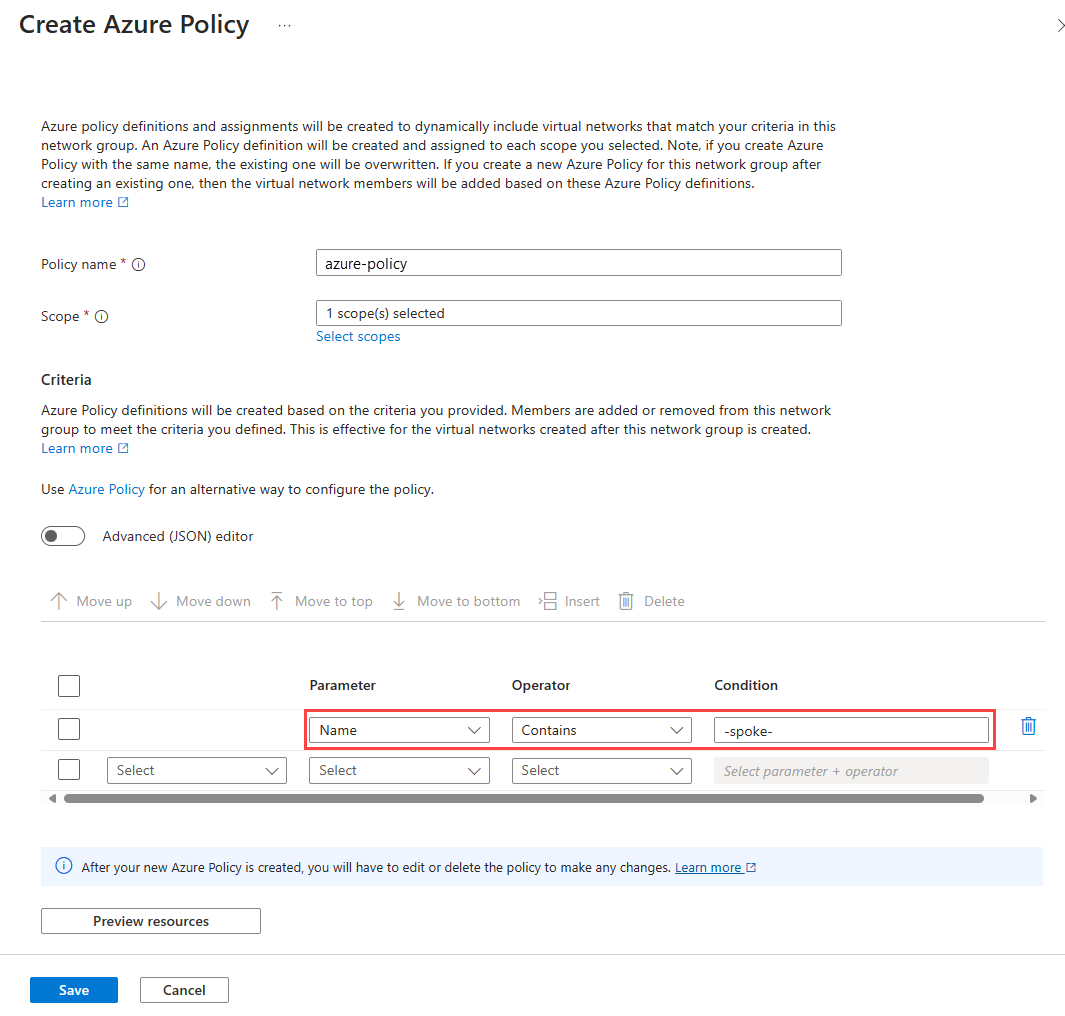 Capture d’écran de la fenêtre créer Azure Policy définissant une instruction conditionnelle pour l’appartenance au groupe réseau.