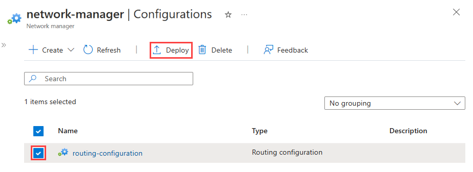 Capture d’écran des configurations de routage avec la configuration sélectionnée et le lien déployer.