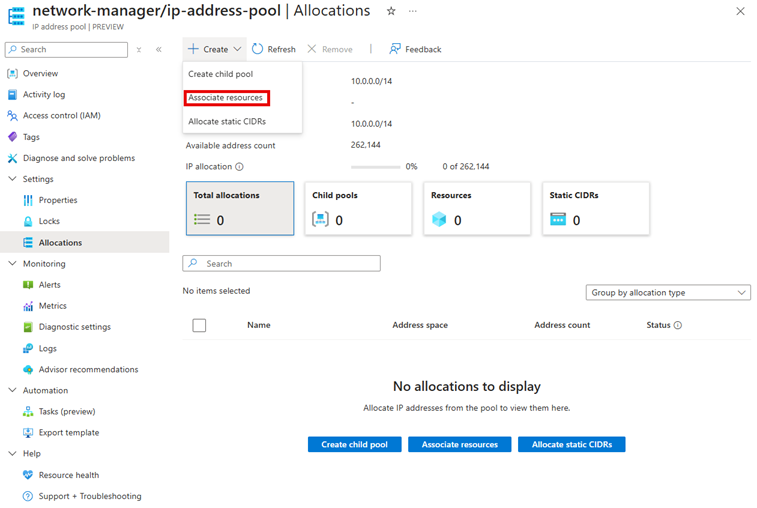 Capture d’écran de la page Allocations pour associer des ressources.