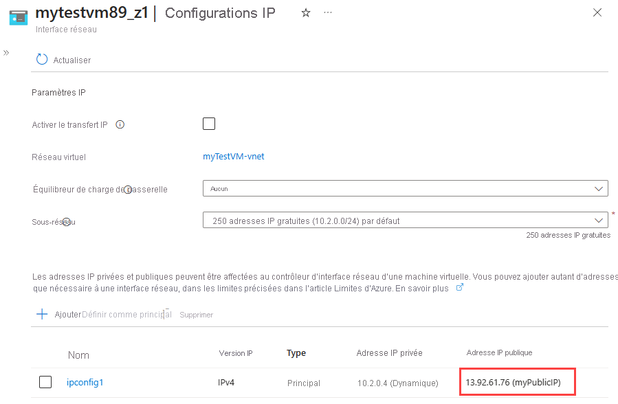 Capture d’écran montrant l’adresse IP publique nouvellement affectée.