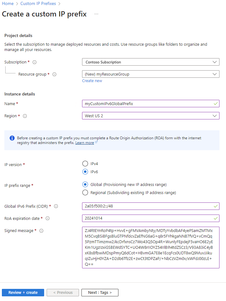 Capture d’écran de la création d’une page de préfixes d’adresses IP personnalisée dans le portail Azure.