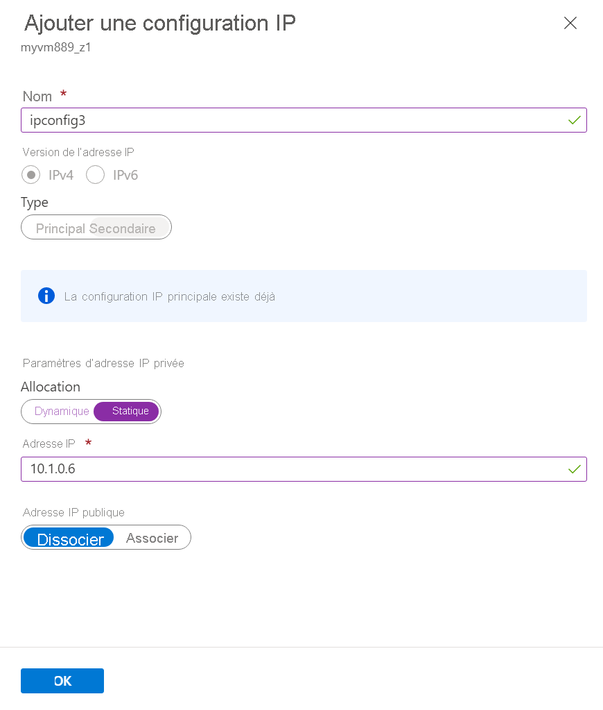 Capture d’écran de la page Ajouter une configuration IP pour une adresse IP privée uniquement.