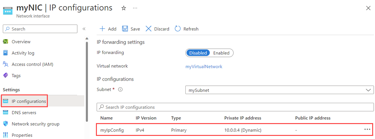 Capture d’écran de la page Modifier la configuration IP dans le Portail Azure.