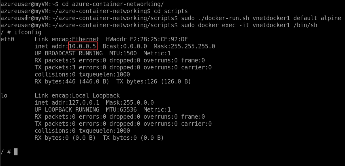 Capture d’écran de la sortie ifconfig dans l’invite Bash du conteneur de test.