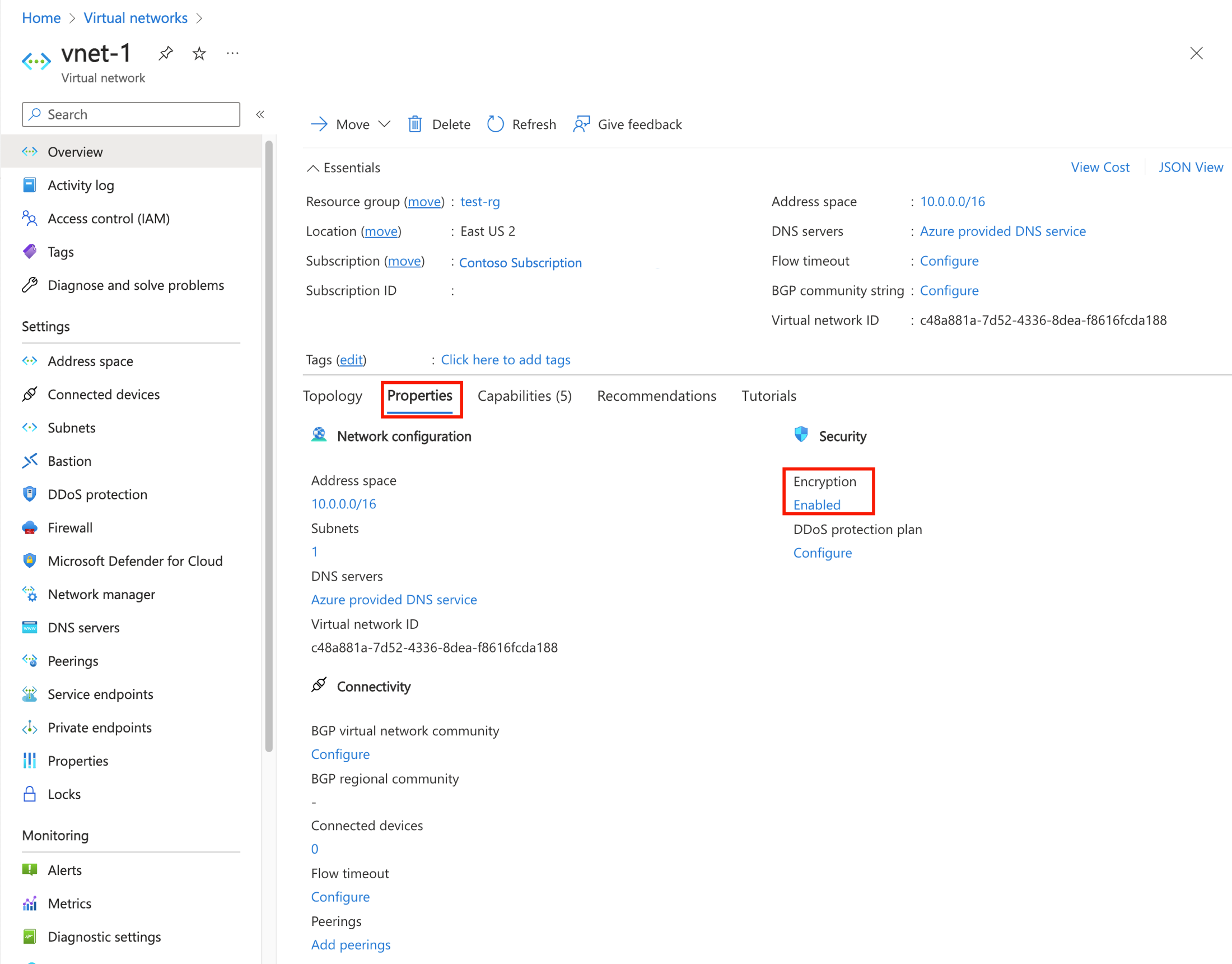 Capture d’écran montrant les propriétés du réseau virtuel avec le chiffrement activé.