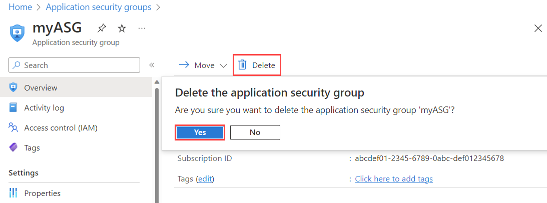 Capture d’écran montrant la suppression d’un groupe de sécurité d’application dans le portail Azure.