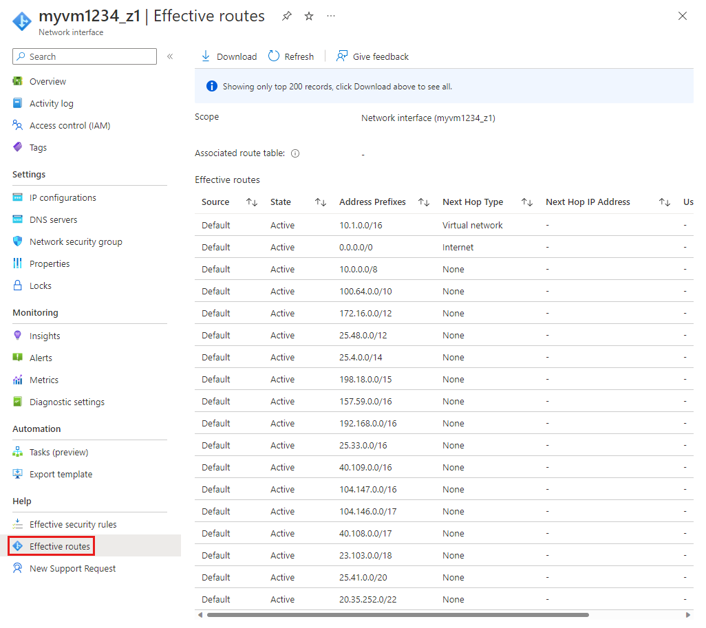 Capture d’écran des itinéraires effectifs d’une interface réseau.