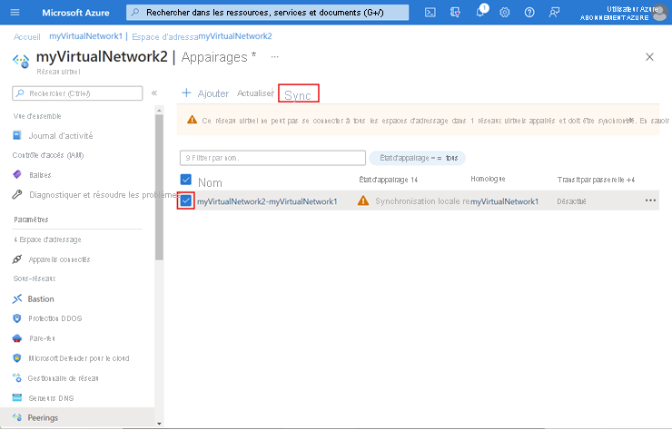 Capture d’écran de la page Peerings où vous resynchronisez une connexion de peering.