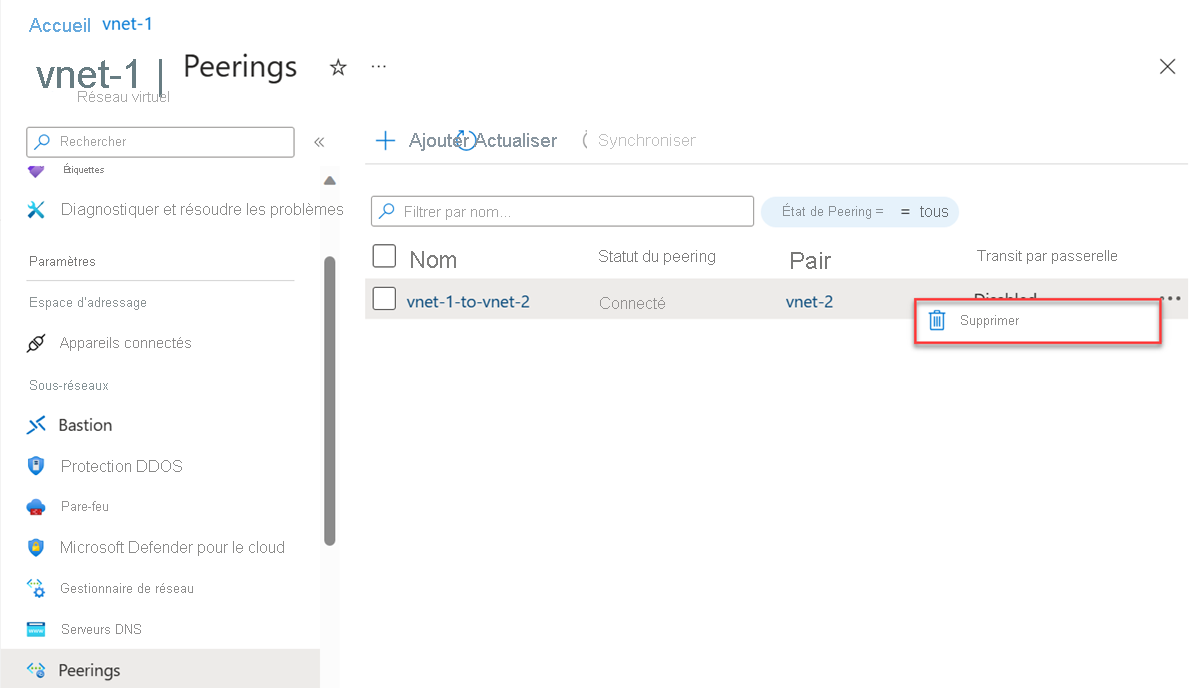 Capture d’écran de la suppression d’un peering du réseau virtuel.