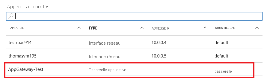 Capture d’écran de la liste des appareils connectés pour un réseau virtuel dans le Portail Azure. La passerelle applicative est mise en évidence dans la liste.