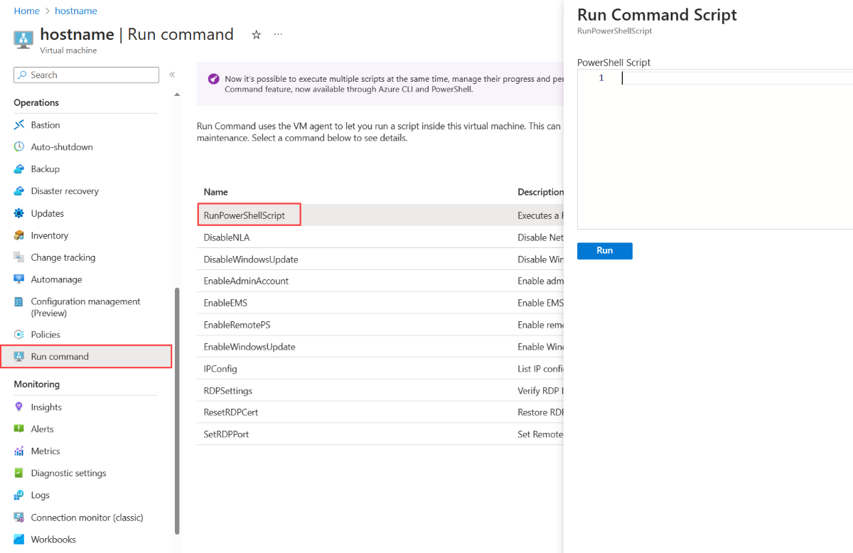 Capture d’écran montrant la page Exécuter la commande pour une machine virtuelle Windows et mettant en évidence la fonctionnalité RunPowerShellScript.